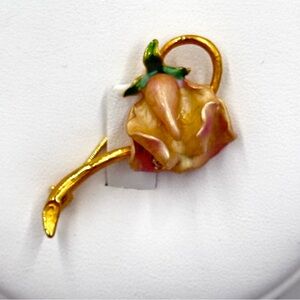 Vintage Joan Rivers Art Nouveau Gold Tone Pink Enamel Orchid W/ Gem Brooch Pin